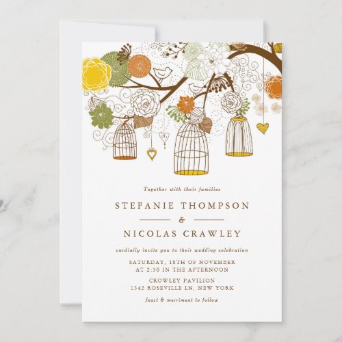 Magenta  Yellow Birdcages Wedding Invitation