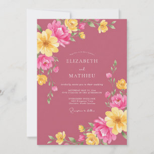 Magenta Yellow Ranunculus Eucalyptus Wedding Invitation