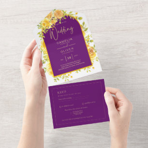 Magenta Yellow Roses Plum Purple Gold Wedding All In One Invitation