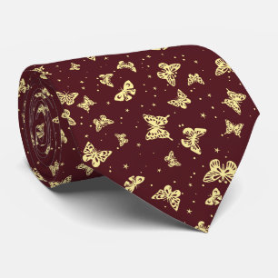 Magenta yellow vintage butterfly motif pattern neck tie