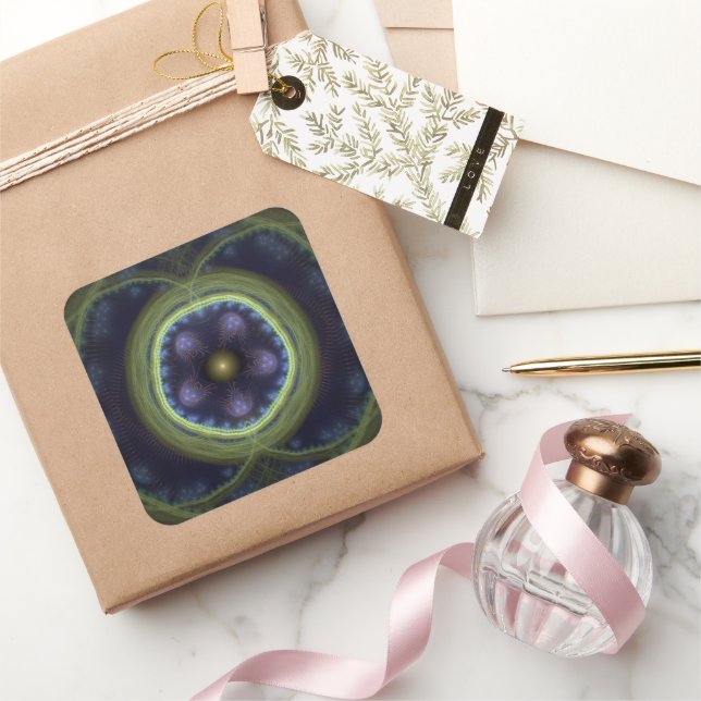 Magestic fractal green blue mystical pattern square sticker (Gifting)