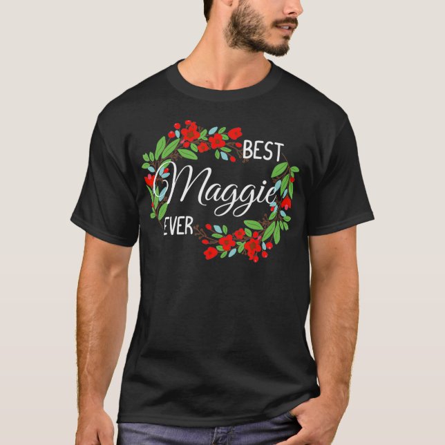 Maggie Personalized Name Floral Wreath Flower  T-Shirt (Front)