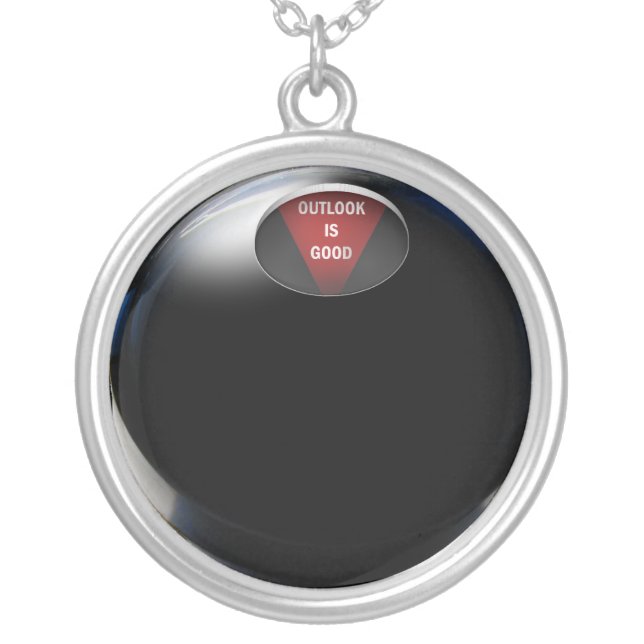 Magic 8 Ball says, "Outlook is good!" Silver Plated Necklace (Front)
