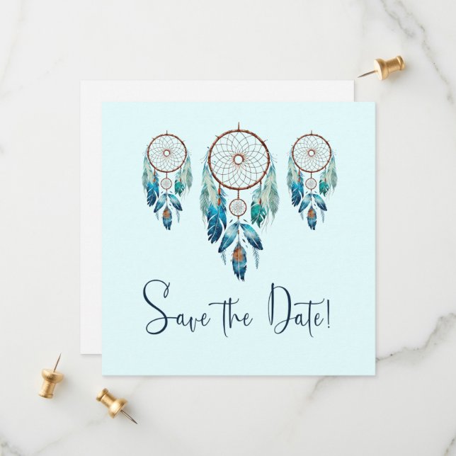 Magic Aquamarine Dreamcatcher Baby Shower Save The Date (Front/Back In Situ)