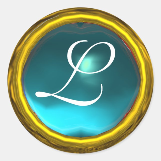 MAGIC AQUAMARINE MONOGRAM bright vibrant  blue Classic Round Sticker (Front)