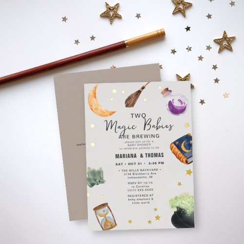 Magic Babies Brewing Twins Neutral Baby Shower Foil Invitation