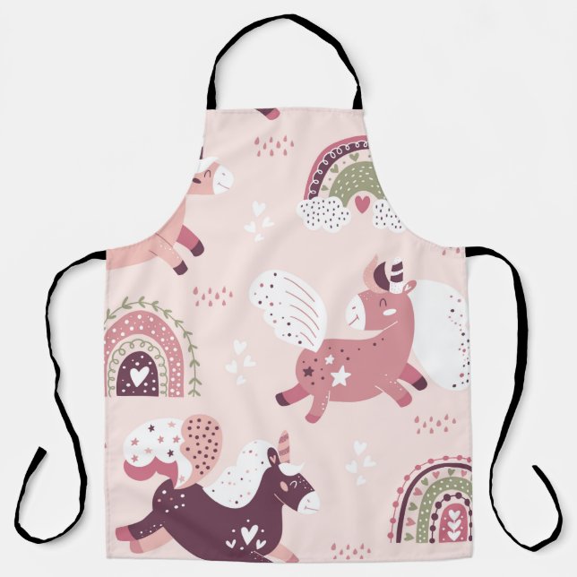 Magic background with little unicorns and rainbows apron (Front)