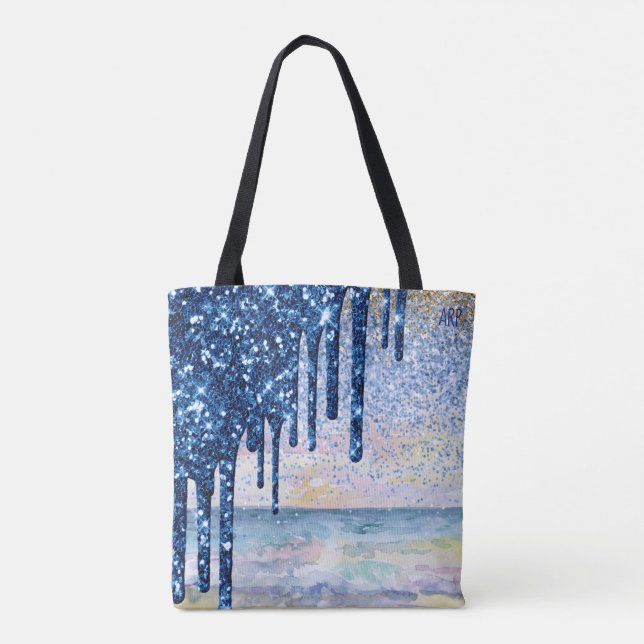 *~* Magic Beach Gold Blue Drip Glitter Tote Bag (Back)