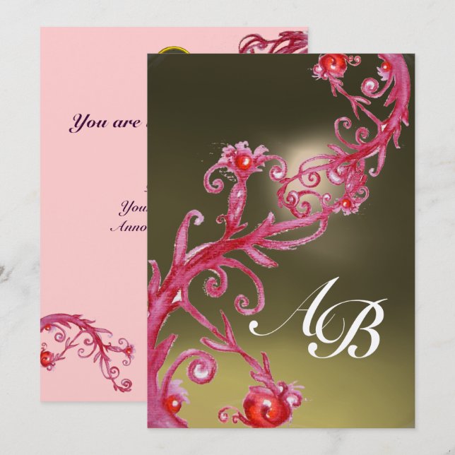 MAGIC BERRIES 4,MONOGRAM gold metallic pink red Invitation (Front/Back)