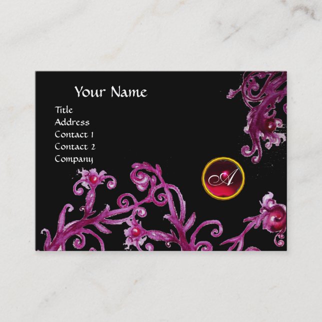 MAGIC BERRIES MONOGRAM black gem red burgundy Business Card (Front)