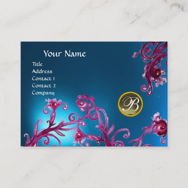 MAGIC BERRIES MONOGRAM, Blue Sapphire, Grey Agate Business Card (Front)