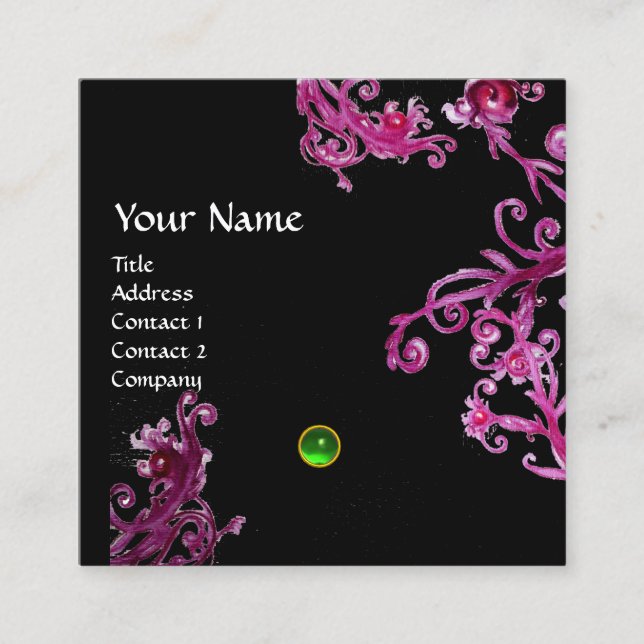MAGIC BERRIES PINK PURPLE BLACK FLORAL MONOGRAM SQUARE BUSINESS CARD (Front)