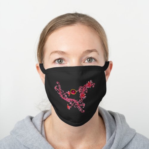 MAGIC BERRIES Red Floral Swirls With Gemstone Black Cotton Face Mask