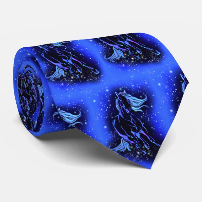 Magic Blue Horse Running At Moonlight Starry Night Neck Tie (Rolled)