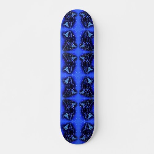 Magic Blue Neon Horses Running At Starry Night Skateboard