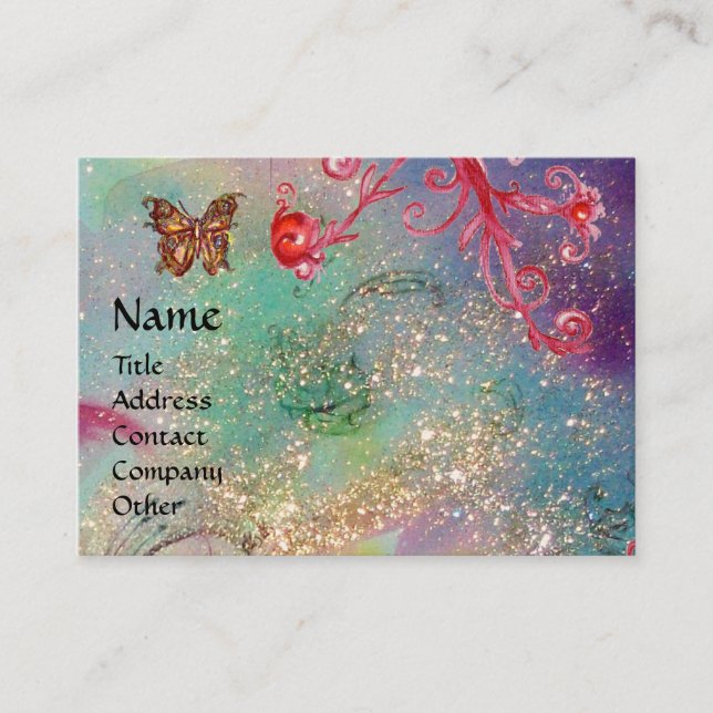 MAGIC BUTTERFLY blue green yellow gold sparkles Business Card (Front)