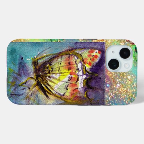 MAGIC BUTTERFLY IN BLUE GOLD SPARKLES iPhone 15 CASE