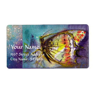 MAGIC BUTTERFLY IN BLUE GOLD SPARKLES LABEL