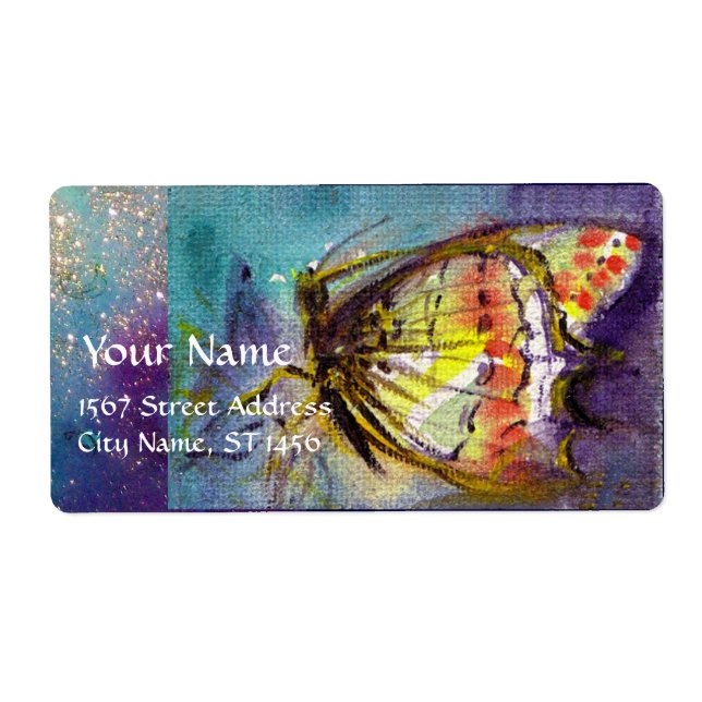 MAGIC BUTTERFLY IN BLUE GOLD SPARKLES LABEL (Front)