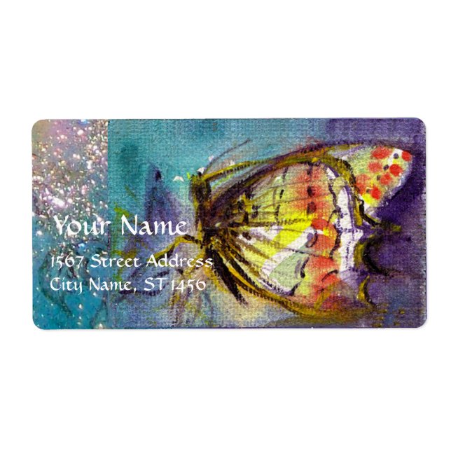 MAGIC BUTTERFLY IN BLUE GOLD SPARKLES LABEL (Front)