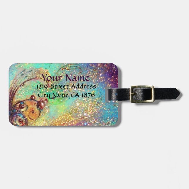 MAGIC BUTTERFLY IN GOLD SPARKLES LUGGAGE TAG (Front Horizontal)