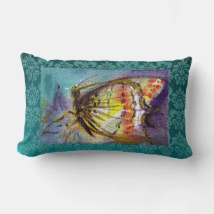 MAGIC BUTTERFLY Teal Blue Damask Lumbar Pillow