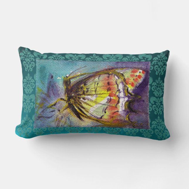 MAGIC BUTTERFLY Teal Blue Damask Lumbar Pillow (Front)