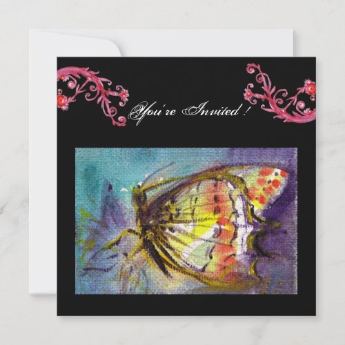 MAGIC BUTTERFLY WITH RED FLORAL SWIRLS black blue Invitation