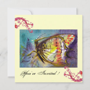 MAGIC BUTTERFLY WITH RED FLORAL SWIRLS ,blue cream Invitation