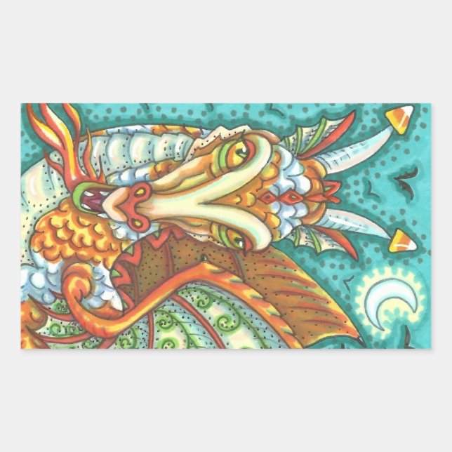 MAGIC CANDY CORN DRAGON, HALLOWEEN FANTASY RECTANGULAR STICKER (Front)
