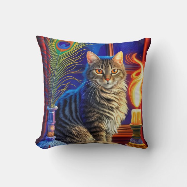 Magic Cat and Swing Ghost Halloween Throw Pillow (Front)