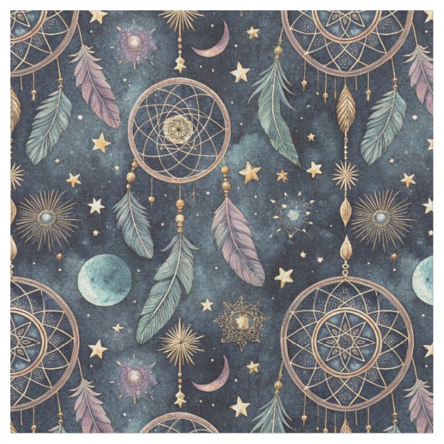 Magic Celestial Dreamcatcher Starry Night Pattern Fabric (Close Up)