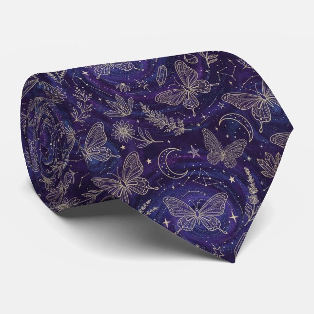 Magic Celestial Garden with Butterflies, Lavender Neck Tie (Rolled)