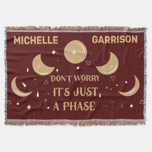 Magic Celestial Moon Phase Personalized Dark Red Throw Blanket (Front)