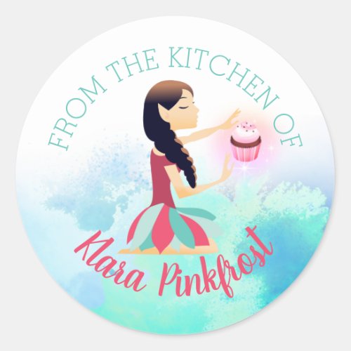 Magic cupcake baking fairy from the kitchen of classic round sticker