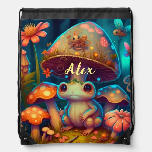 Magic cute frog mushroom   drawstring bag