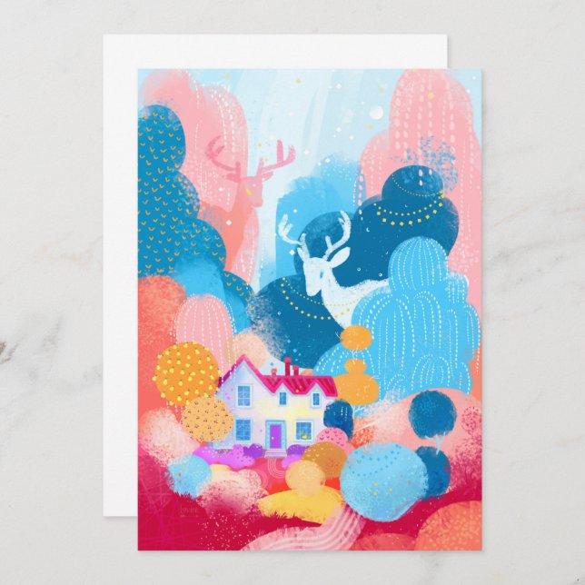 Magic Deer, Cute House and a Tiny Duck Invitation (Front/Back)