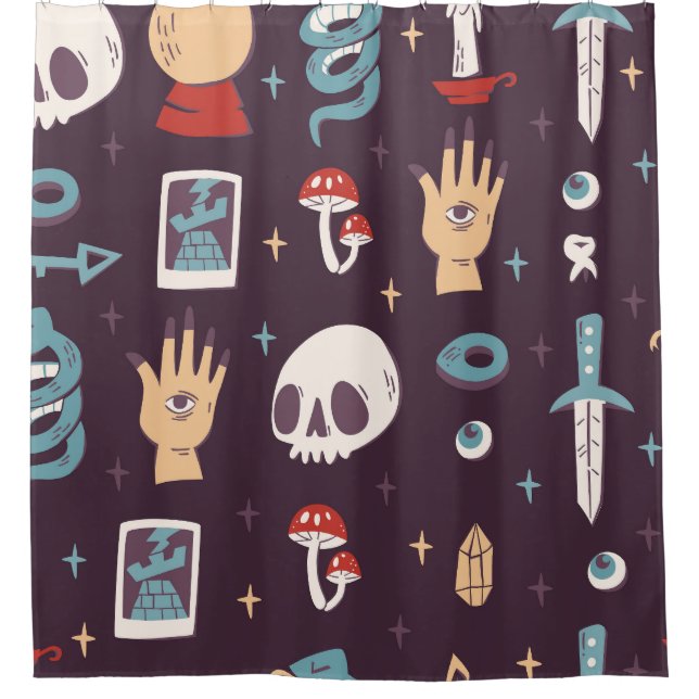 Magic elements: skull, tarot seamless shower curtain (Front)