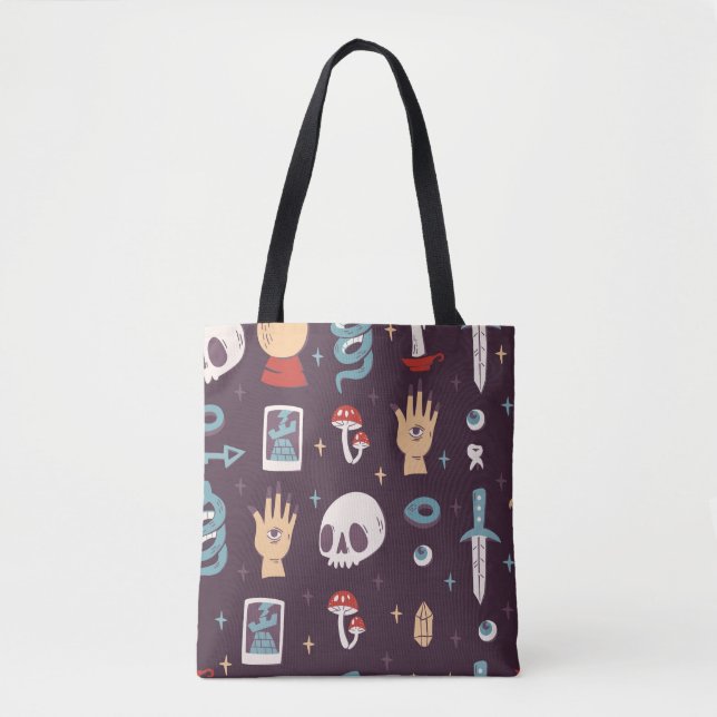 Magic elements: skull, tarot seamless tote bag (Front)