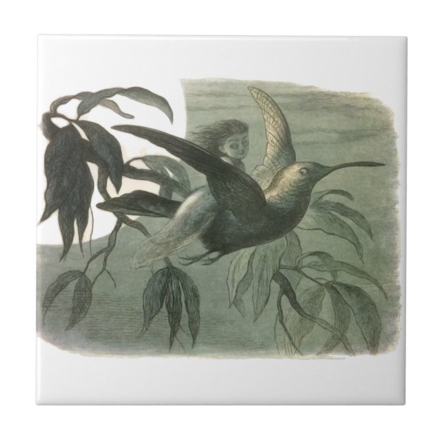 Magic Elf Flying Night Moon Art Ceramic Tile (Front)