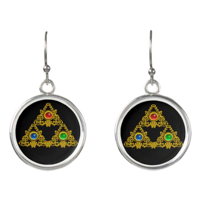 MAGIC ELFIC TALISMAN,BLACK GOLD TRIANGLE,GEMSTONES EARRINGS (Front)