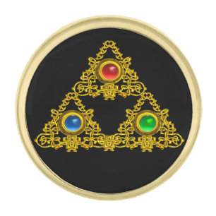 MAGIC ELFIC TALISMAN,BLACK GOLD TRIANGLE,GEMSTONES FINISH LAPEL PIN