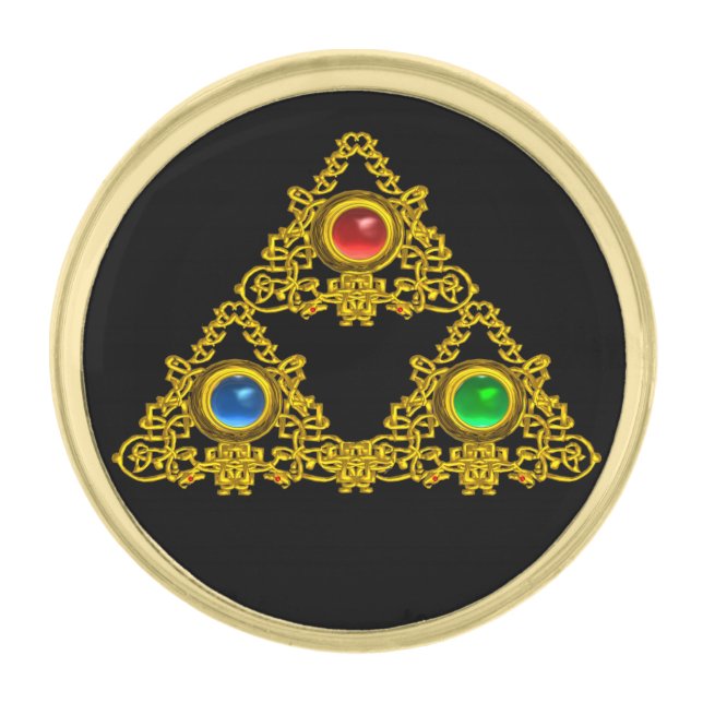 MAGIC ELFIC TALISMAN,BLACK GOLD TRIANGLE,GEMSTONES GOLD FINISH LAPEL PIN (Front)