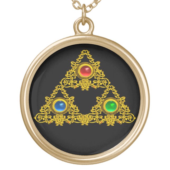 MAGIC ELFIC TALISMAN,BLACK GOLD TRIANGLE,GEMSTONES GOLD PLATED NECKLACE (Front)