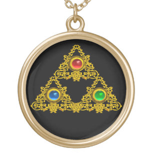 MAGIC ELFIC TALISMAN,BLACK GOLD TRIANGLE,GEMSTONES PLATED NECKLACE
