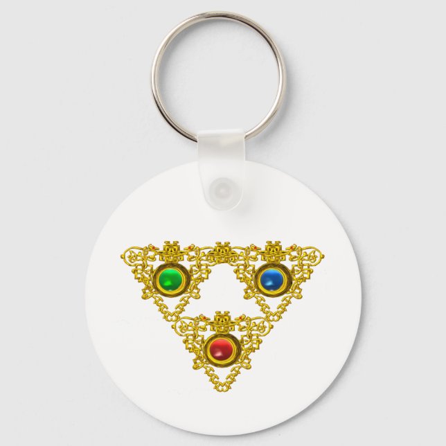 MAGIC ELFIC TALISMAN /GOLD TRIANGLE WITH GEMSTONES KEYCHAIN (Front)