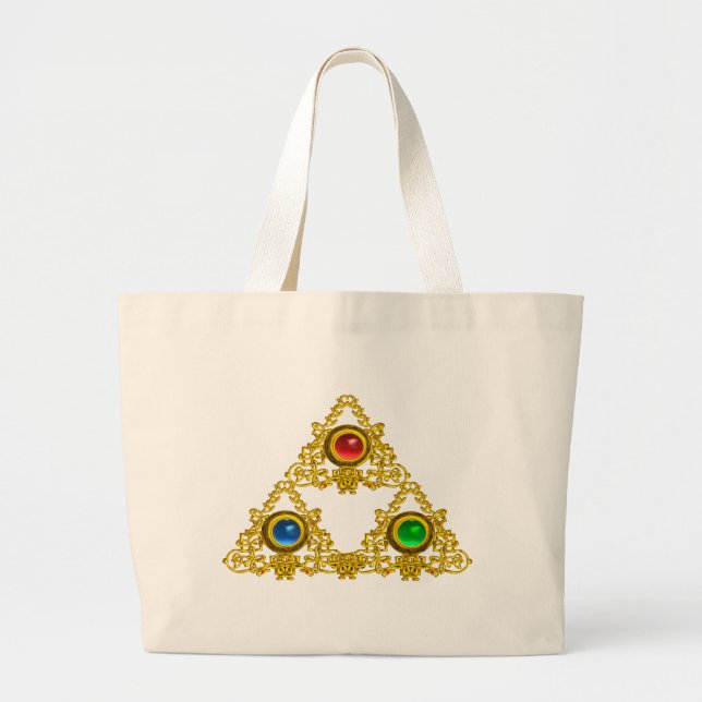 MAGIC ELFIC TALISMAN /GOLD TRIANGLE WITH GEMSTONES LARGE TOTE BAG (Front)