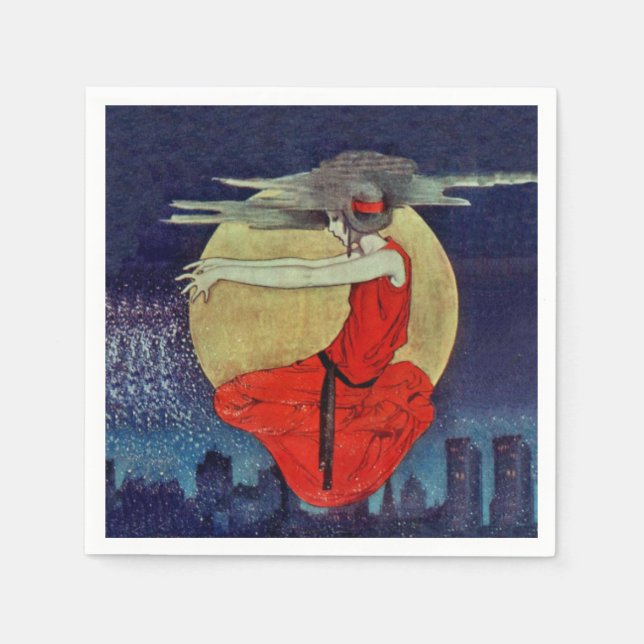 Magic Floating Woman Moon Night Sky Witch Napkins (Front)