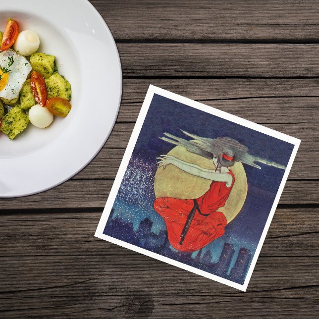 Magic Floating Woman Moon Night Sky Witch Napkins (Magical women red dress floating in night sky yellow moon over city lights on napkins.)