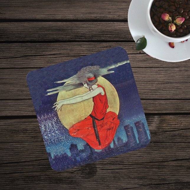 Magic Floating Woman Moon Night Sky Witch Square Paper Coaster (Magic Witch lady red dress in sky over city buildings at night with moon clouds on drink coaster.)